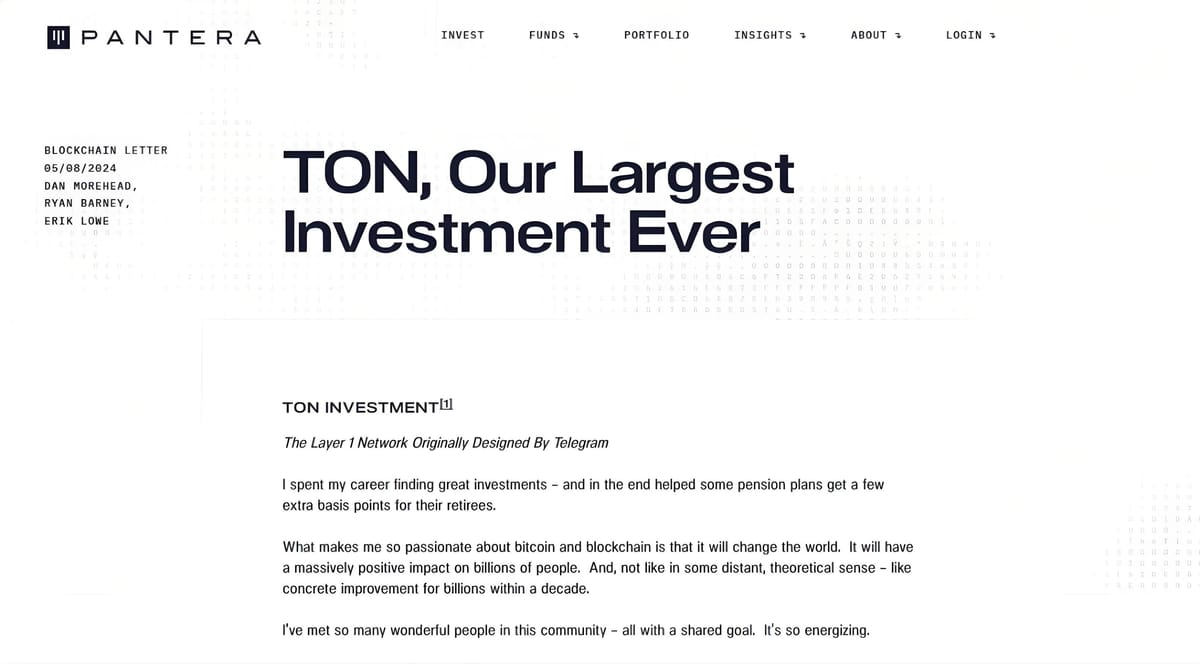 TON Marks Pantera Capital's Largest Investment in Web3